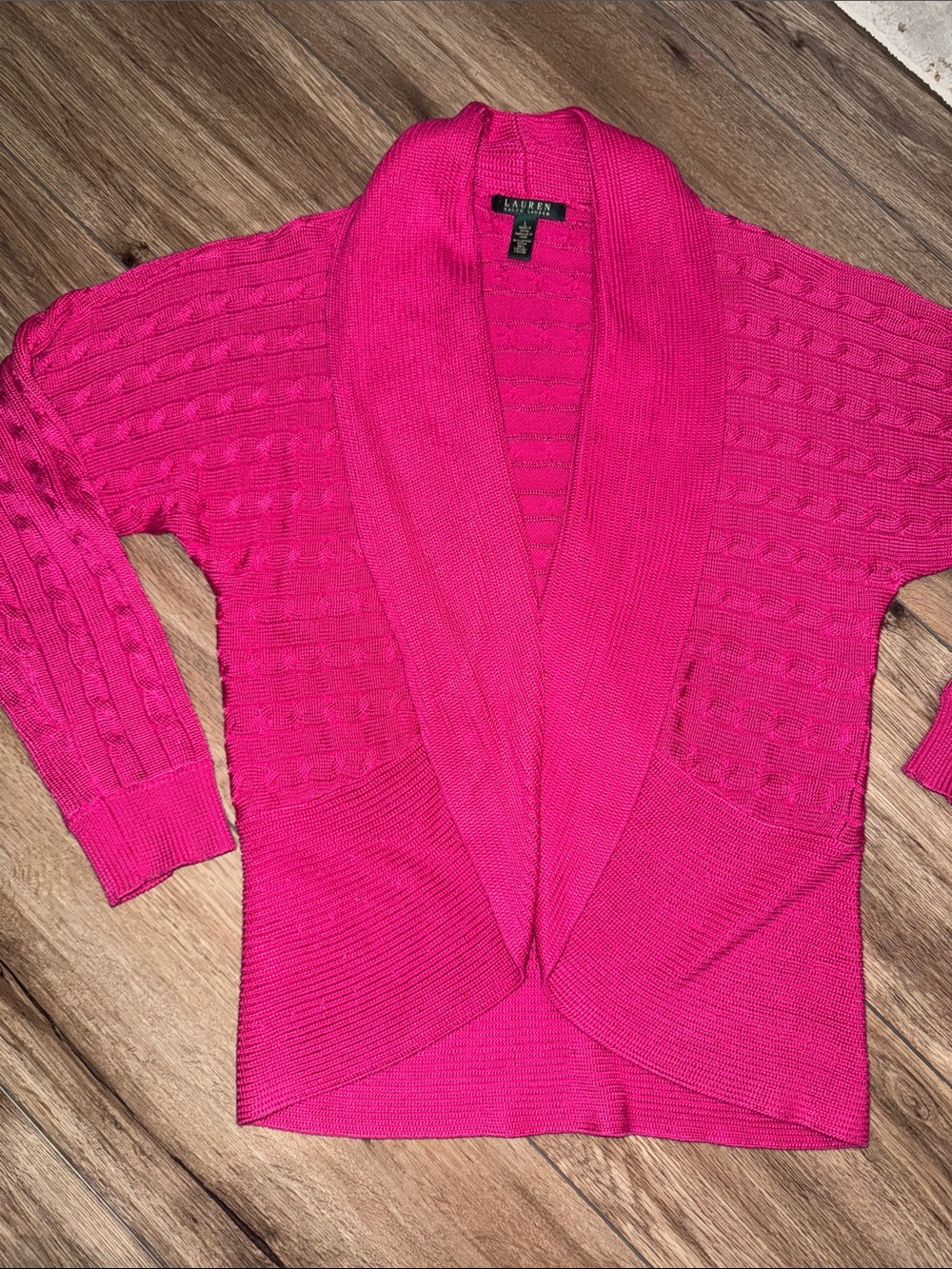 Lauren Ralph Lauren Bright Pink Cable Knit Shawl Cardigan